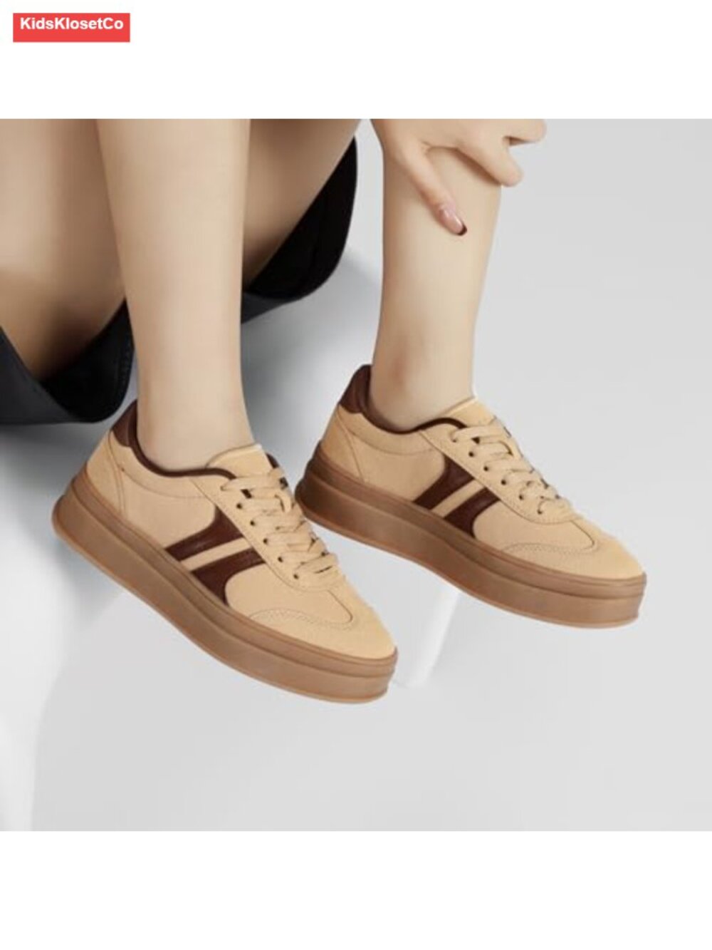 Vintage Suede and Leather Platform Sneakers - Anti-Slip Rubber Sole Lace-Up - Picture 5 of 6